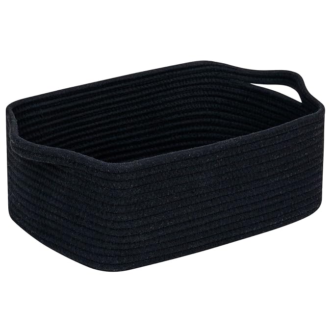 CubesLand Cute and Durable Small Cotton Rope Basket for Organizing | Woven Closet Storage Bin,Shelves Closet Storage Basket, Bathroom Storage Organizer Bin, Nursery Toy Basket Bin, Black Basket