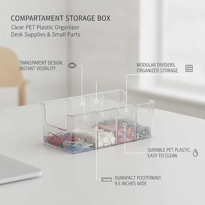 9.6 x 4.8 x 3.8 Inch Clear Storage Box with Dividers, PET Plastic Organizer for Desk Supplies and Small Parts