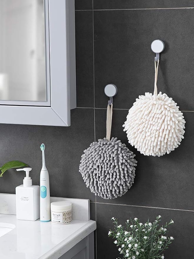 Sophie & Panda Fuzzy Ball Towel (Set of 2) White and Gray - Dry Your Hand Instantly conveniently with This Creative Bath Towel Set Decorative Towels for Bathroom (Pack of 2)