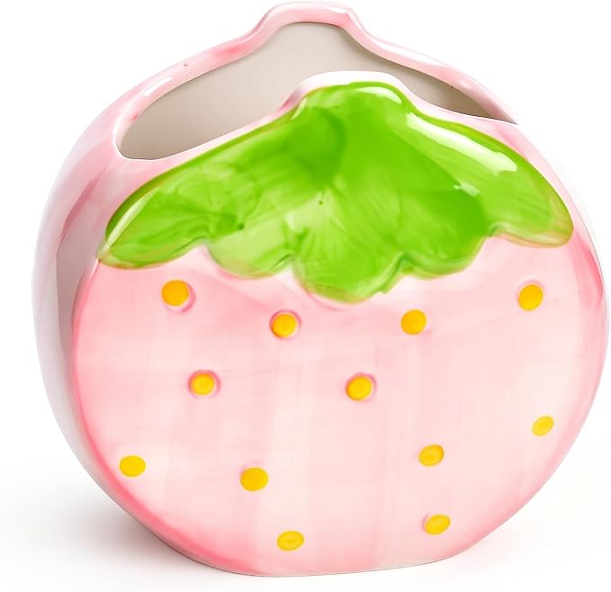 Ceramic Strawberry Shaped Pen Pencil Holder for Desk Decoration Accessories Strawberry Decor Makeup Brush Pen Cups Succulent Plant Pot Office School Ideal Gifts for Women, Mom or Birthdays (pink)