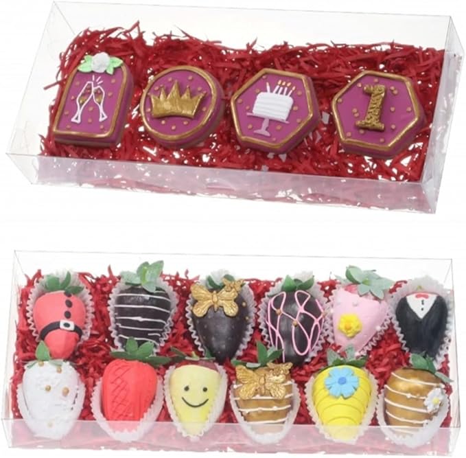 RomanticBaking 12PCS 12x5x2 Inch Clear Treat Boxes for Party Favors | Clear Gift Boxes for Chocolate Covered Strawberries, Cocoa Bombs, Donuts, Muffins, Pastries, Bakery, Cookie, Macaron