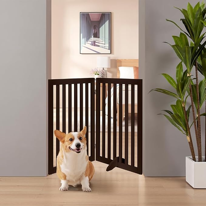 unipaws 36”H Free Standing Pet Gate for Dog Cat, 40”Wide Wooden Dog Gates | Foldable Pet Fence for Doorway, Stairs, Step, Expandable Doggy Barrier, Indoor Use