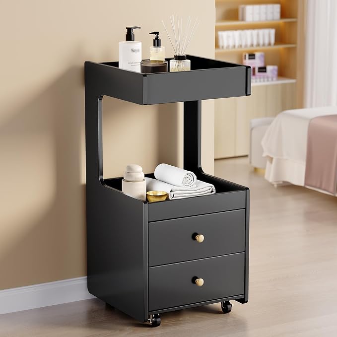 OmySalon Salon Trolley Cart, Esthetician Cart with Wheels, Hair Styling Station with 2 Drawers, 1 Open Shelf, Mobile Storage Cabinet Utility Trolley for Beauty Salon Spa, Black