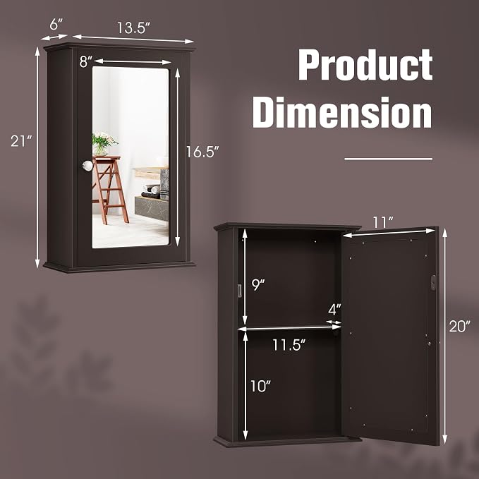 LOKO Bathroom Medicine Cabinet, Wall Mounted Storage Cabinet (Brown) | Single Mirrored Door | Adjustable Shelf | For Bathroom, Living Room, Entryway | 13.5 x 6 x 21 inches