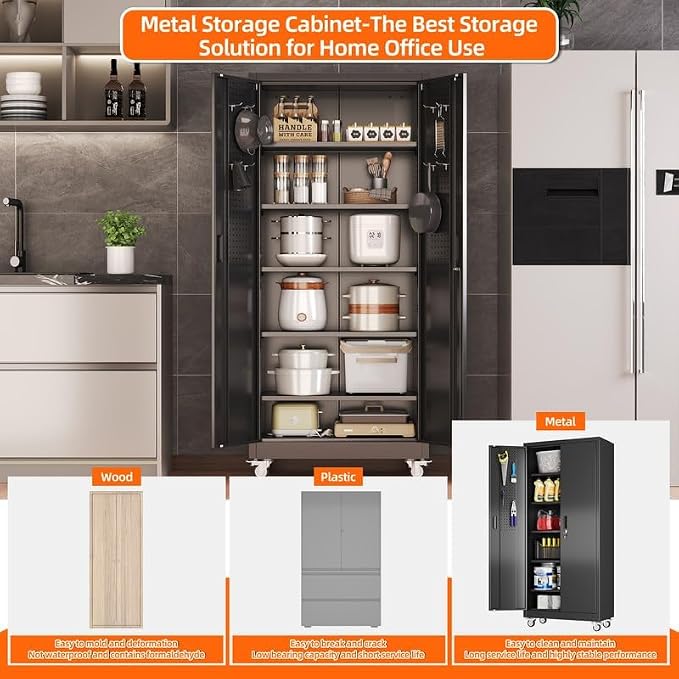 Metal Garage Storage Cabinet with Wheels and Door Pegboard | Garage and business storage for tools and office supplies; 5 adjustable shelves, lockable black cabinet, 16"D x 32"W x 71"H