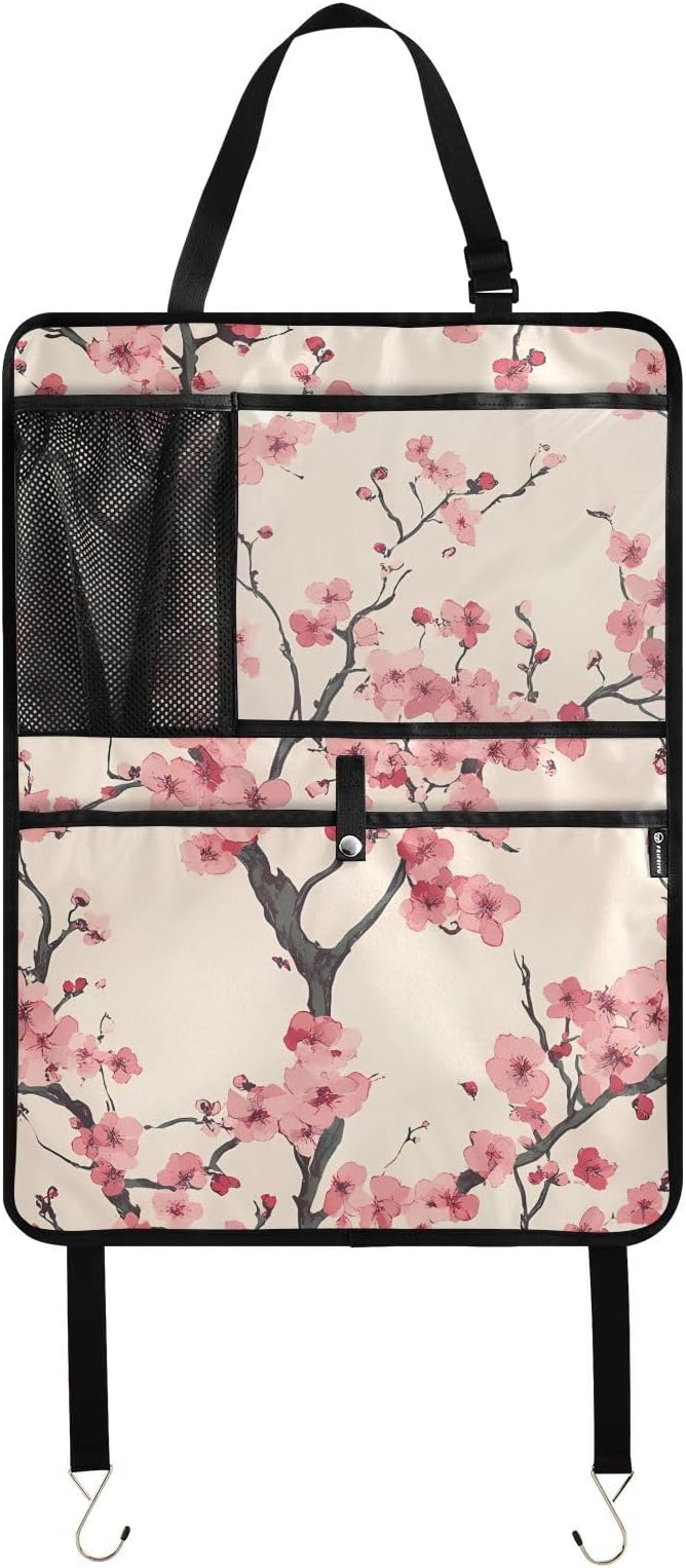 JIPONI Car Backseat Organizer, Japan Cherry Blossoms Automotive Back Seat Protector, Kick Mats with Storage Pockets for Kids Pets, Road Trip Accessories