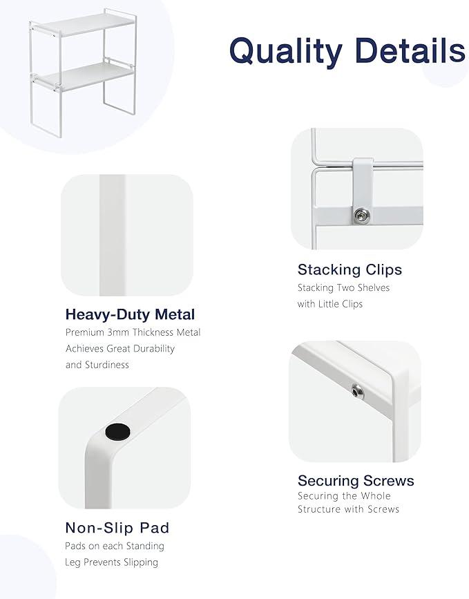 Nxconsu Stackable Cabinet Shelf Organizer 2 Pack, Standard Tall White | Heavy-Duty 3mm Steel Stackable 2-Tier Shelf, Holds 50 lb, for Kitchen Cabinet Pantry Cupboard Counter Bathroom Under Sink