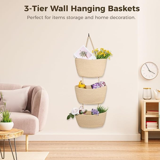 Over the Door Hanging Basket, 3 Tier Cotton Rope Woven Wall Mounted Organizer with Over Door Hook, Detachable Storage Baskets for Living Room, Bedroom, Bathroom, Closet, Home Decor