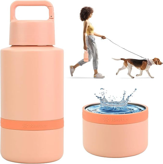 KEWIXY Insulated Dog Water Bottle with Travel Bowl, Dog Lover Gift, Portable Water Bottle Dispenser, Accessories for Car, Hiking, Camping, Outdoor, Leak-Proof, Detachable (Coral Sunset)