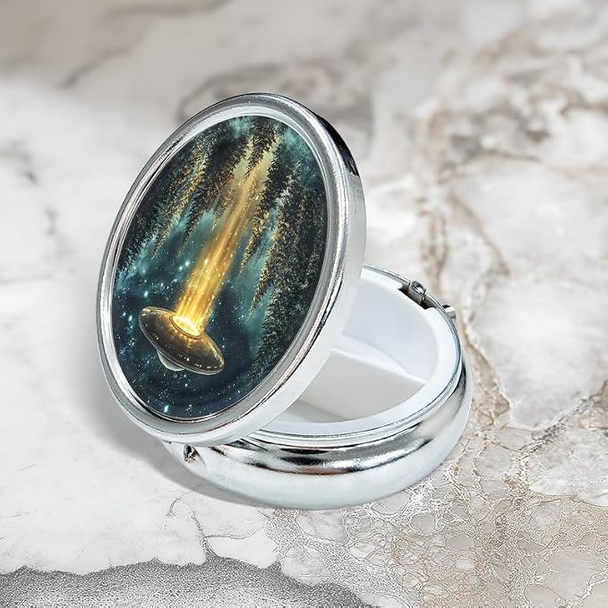 Portable Round 3 Compartment Metal Pill Box Capturing Classic UFO Imagery Ideal for Travel Organizing Medication or Storing Small Essentials