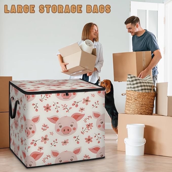 Cute Pig Faces Large Storage Bags, Fabric Bed Storage Containers, Foldable Closet Organizers for Blanket, Clothing, Comforter, Bedding, Pink Pig