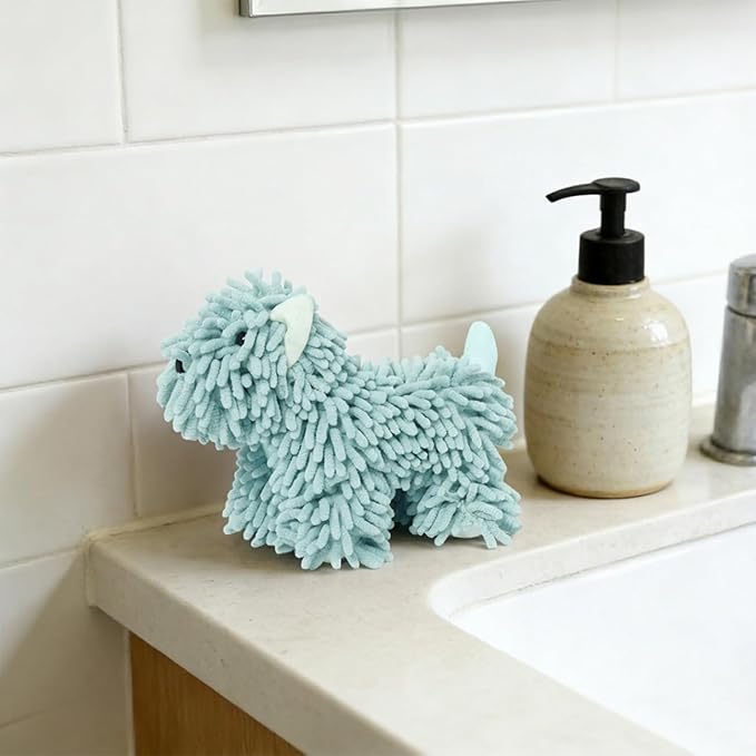 Cute Dog Chenille Hand Towel, 3D Fuzzy Puppy Hangable Ball Hand Towel Microfiber Super Soft Absorbent Bathroom & Kitchen Towels with Hanging Loop, Can Be Placed on the Sink Countertop (Green)