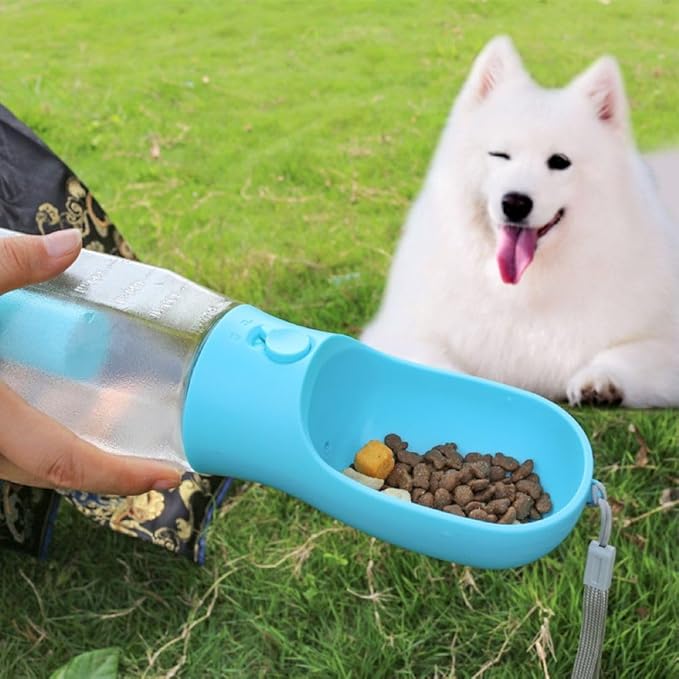 Three-in-one Portable Multi-Functional Pet Cup (Includes 1 Roll of Poop Bag) (Capacity 20 oz Water, 100 gm Food) (Turquoise)