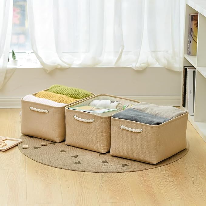 Organization and Storage Bin for Shelves - Large 3 Pack 16x12x8 inch Storage Basket for Organizing, Canves Storage Cubes for Organizer Toy Closet Cloth Gift (Beige)