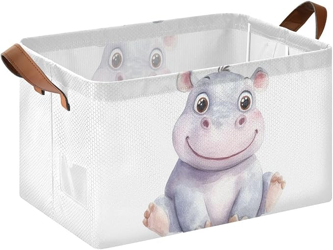 Cute Baby Hippopotamus Hippo Animal Storage Basket with Labels&Handles Rectangular Waterproof Nursery Storage Bins Collapsible Shelf Organizer Baskets for Kids Books Cloth Gift Basket Toys Laundry