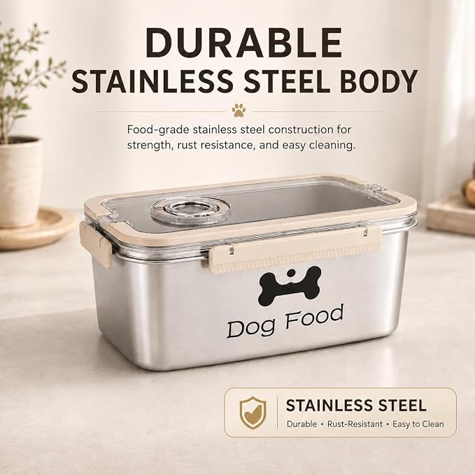 Airtight Dog Food Storage Container 6 QT / 5.8L, Stainless Steel Pet Food Bin with Clear Lid, Portable Dog Kibble Container with Handle - Hold 5.8L - Ideal for Pantry, RV Travel