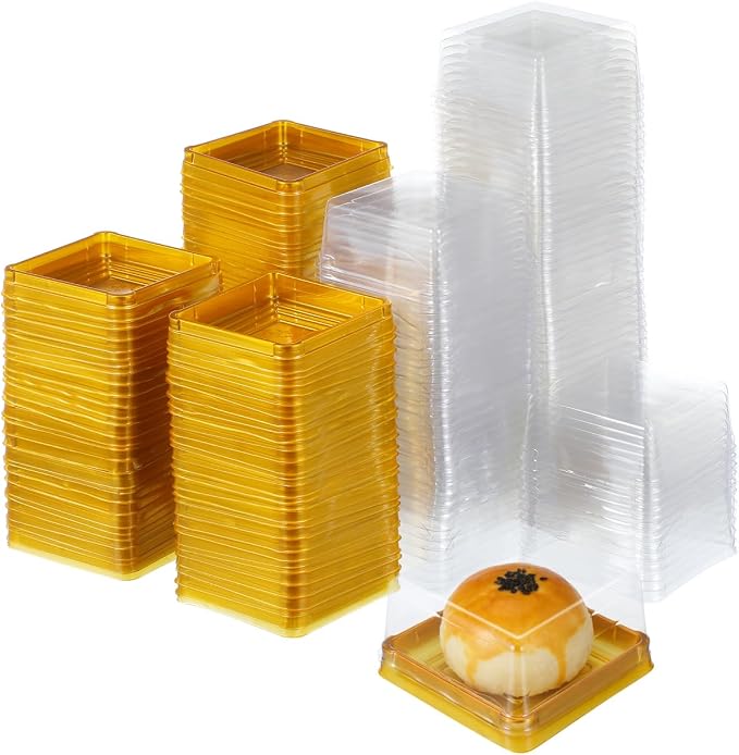 DOITOOL 100 Pcs 3 Inch Mini Cake Containers with Clear Lids | Plastic square mooncake boxes, individual cheesecake cupcake containers for dessert muffin wedding birthday party supplies