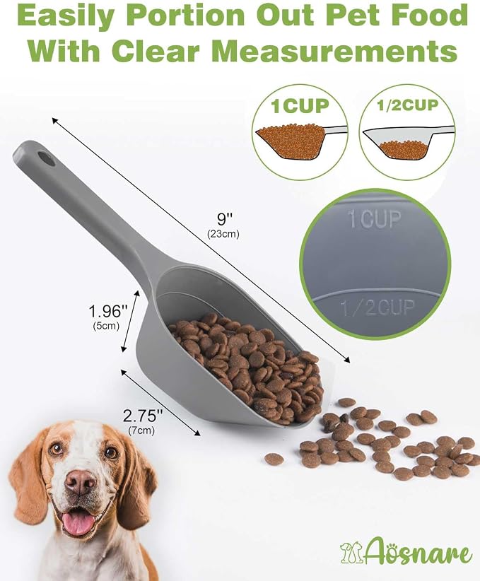 2 PACK Dog Food Scoop,1 Cup Capacity Pet Food Scoop For Dog and Cat | Grey and Green,Clear Markings for Precise Measuring 1/2 and 1 Cup Lines,Dishwasher Safe,Plastic,Portable and Sturdy