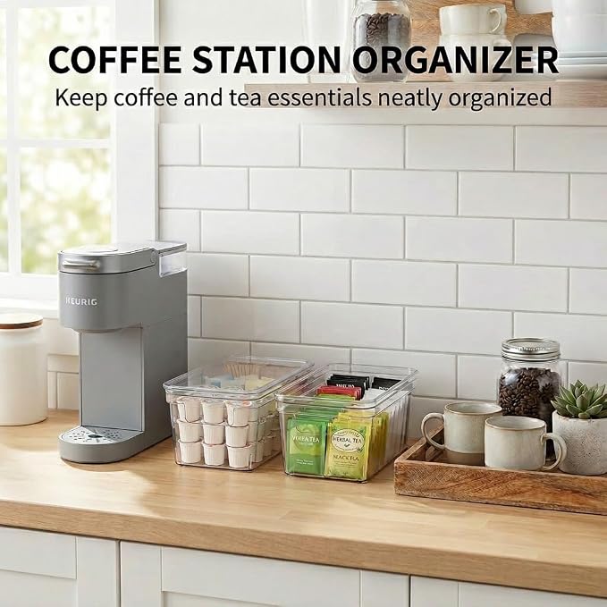 MOONEDGE 6-Pack 10x6x5 Stackable Small Clear Storage Bins with Lids | Plastic small item organizer containers with handles for vanity, craft, office, fridge, kitchen, pantry, bathroom and closet