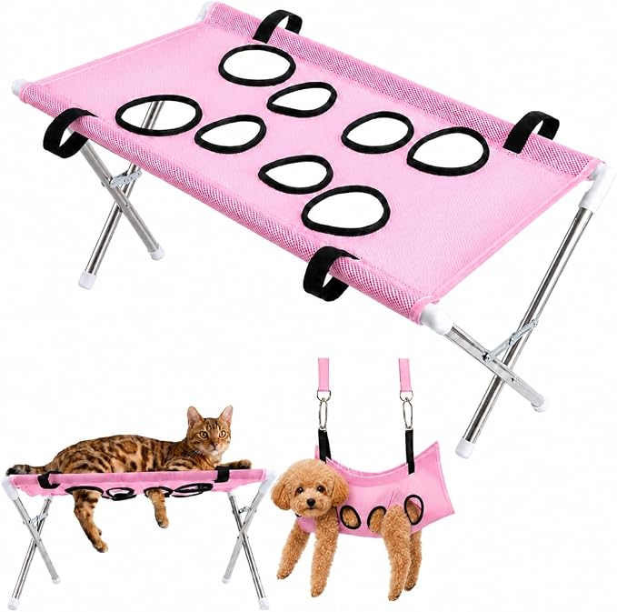 2-in-1 Foldable Pet Grooming Bed, Pet Shower Hammock (Pink) | Structure with Stable Stainless Steel Frame & Quick-Dry Mesh Foldable Suitable for Pet Washing Maintenance Travel Grooming