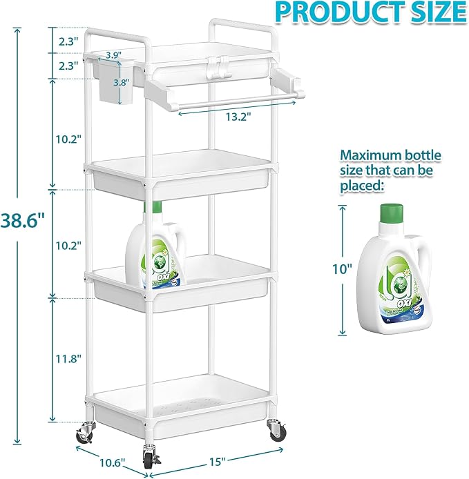 SPACEKEEPER Rolling Storage Cart, 4 Tier Utility Cart for Bathroom, White | Rolling Cart with Lockable Wheels, Towel Rack, Hooks & Cup for Laundry Room,Kitchen,Office, Snack,Craft,Art,Makeup,Nail,Toys