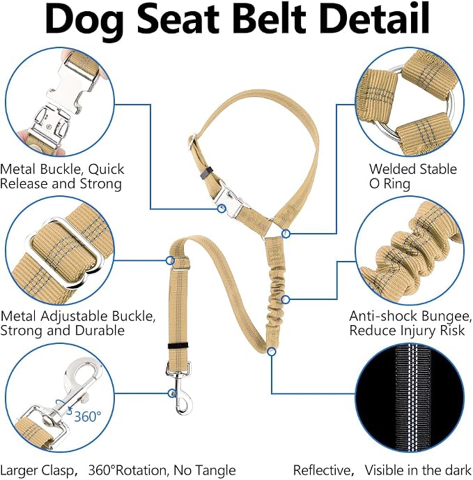 Plutus Pet Dog Seat Belt for Car Headrest, Reflective with Elastic Bungee | Adjustable Restraint for Safety, Vehicle Seatbelt Harness for Small Medium Large Dogs and Cats, Beige