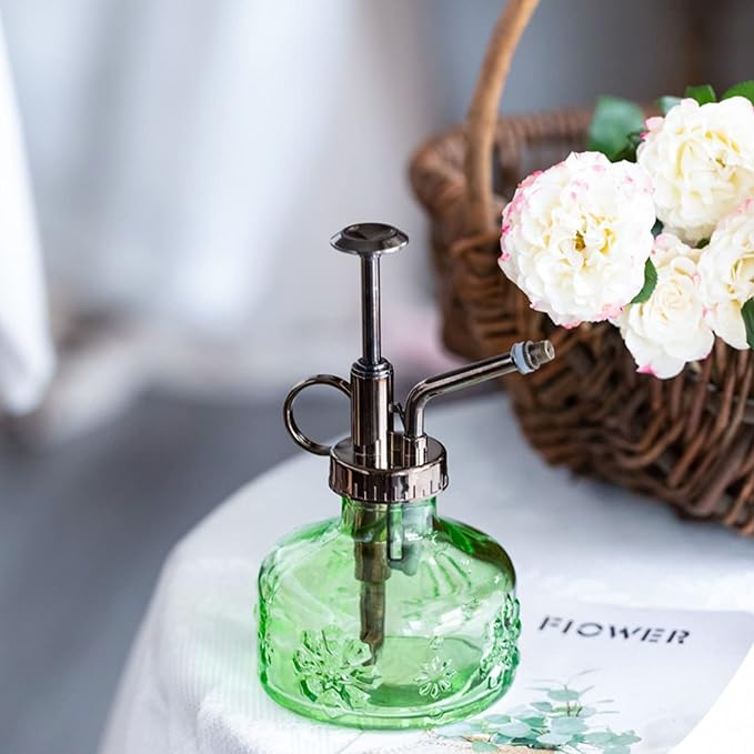 XXXFLOWER Glass Plant Mister Spray Bottle Green 180ml/6 oz | Mini Watering Can Indoor Plants Indoor Plant Mister Succulent Watering Bottle Tall Vintage Style with Bronze Plastic Top Pum