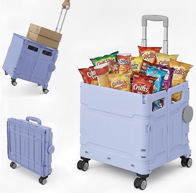 Foldable Utility Cart, Portable Rolling Crate with 360° Rotating Wheels, Detachable Lid,Telescoping Handle, Collapsible Trolley for Travel, Office, Grocery, and Storage (Extra Large Purple)