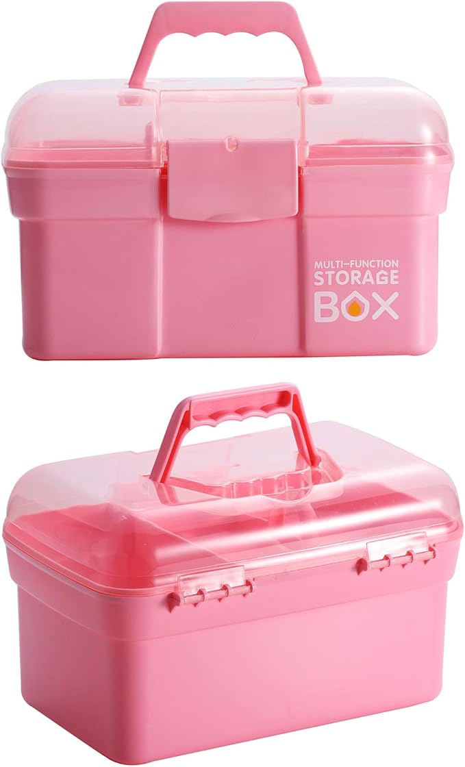 Kinsorcai 11'' Plastic Storage Box with Removable Tray, Multipurpose Organizer and Storage Case for Art Craft and Cosmetic (Pink)