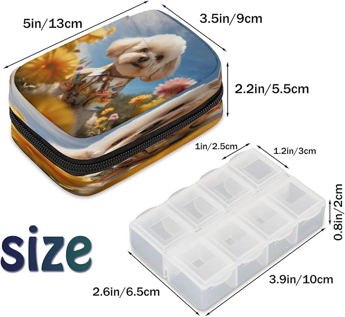 Pill Organizer Box Pet Dog Flower 7-Day Weekly Medicine Pill Case Travel Pill Container Portable Pill Holder Storage Purse Bag Small Compact Size for Vitamin Supplement Birth Control