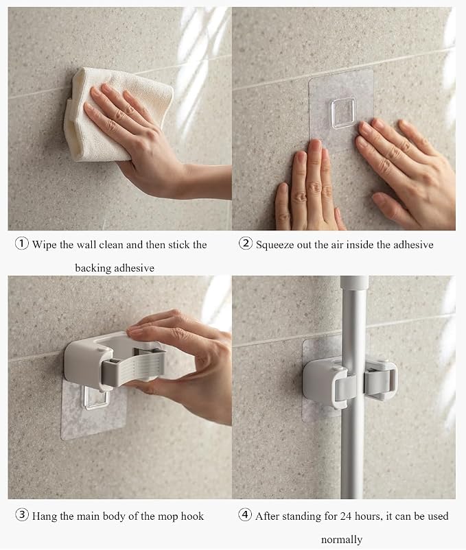 Broom Holder Wall Mount Self Adhesive, No-Drill Mop Grip Organizer for Home | Thick silicone loops stop slipping & scratching on mops, brooms, umbrellas.(Single+double)