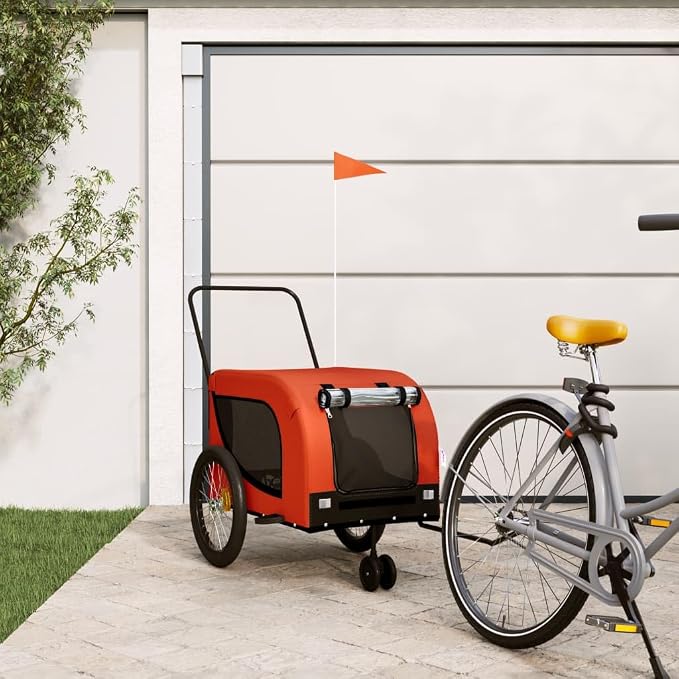 Pet Bike Trailer for Small Dogs, Foldable Bicycle Cargo Trailer with Mesh Windows, Safety Flag and Reflectors, Sturdy Iron Frame, Orange and Black