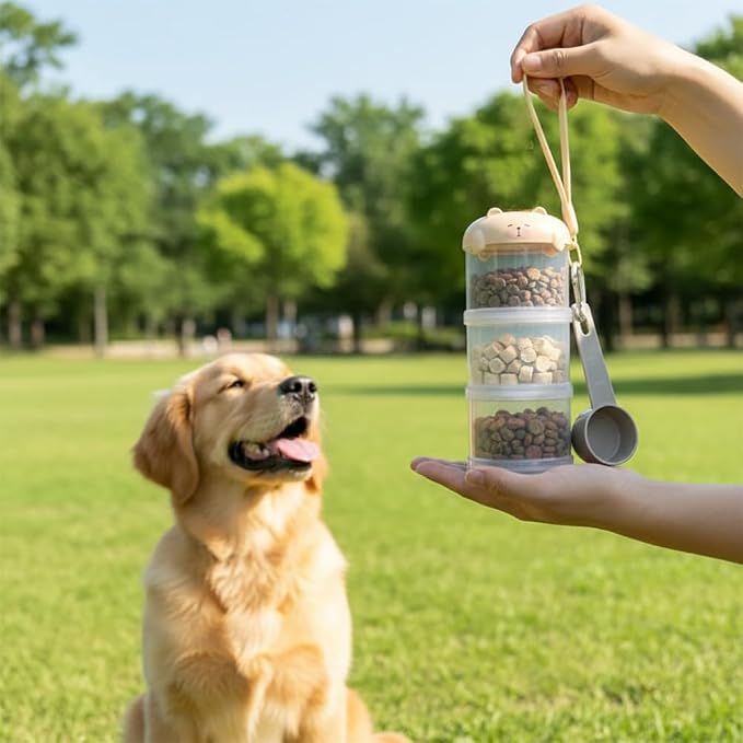 Dog Treat & Supplement Container, 3-Layer Stackable Pet Snack Organizer with Measuring Scoop, Portable Training Treat Holder for Walking, Travel & Daily Feeding, Airtight Pet Food Storage