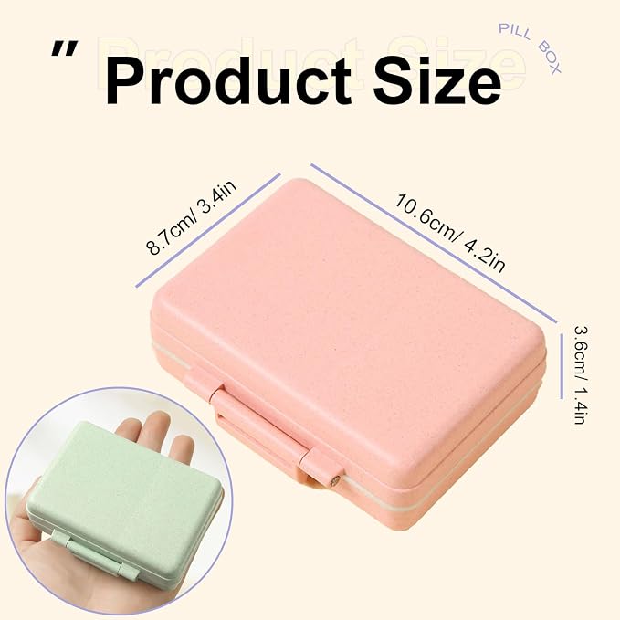 9 Compartments Portable Pill Organizer, Personal Small Pill Box | Pink Daily Medicine Dispenser, Made from Wheat-Straw Fiber, to Hold Medicine Fish Oil Vitamin Capsule Supplement, Travel Work