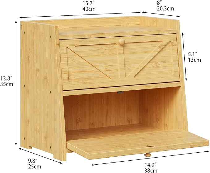 Trironsun Vintage Double Layer Bread Box for Kitchen Counter Bamboo Bread Storage Container Large Capacity Bread Storage Bin (Natural Bamboo)