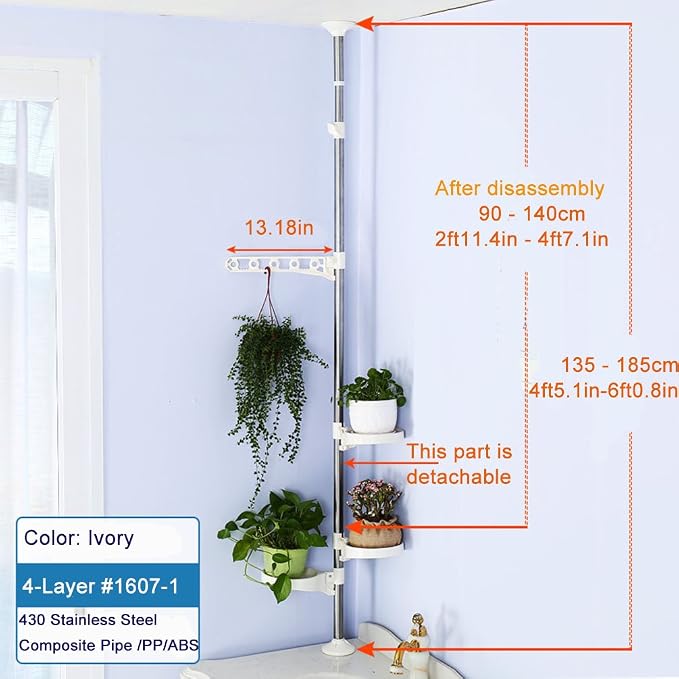 BAOYOUNI Plant Stand Tension Rod, 3 Trays&1 Arm Adjustable Ivory | Window Sill Flower Display Rack, Vertical 4-Tier Corner Storage，Indoor Pole Hanger for Counter Top & Home Decor