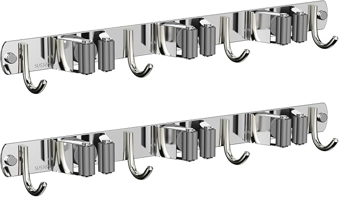 CUXIXA 2 Pack Mop and Broom Holder Wall Mount, Non-slip Broom Hanger, Heavy Duty Mop Broom Organizer for Kitchen Garden Garage Laundry Room Wall Decor Organization and Storage Silver 3R4H