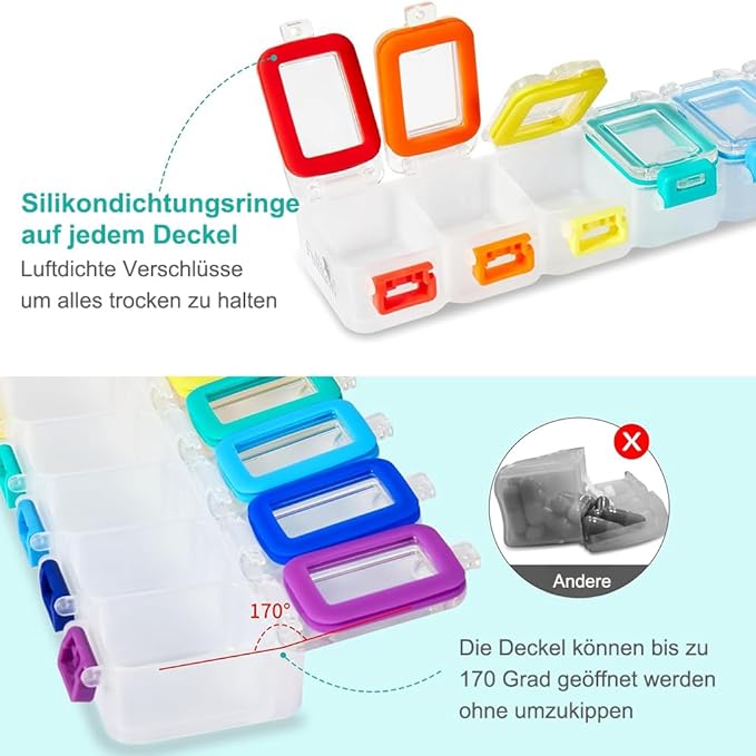 Fullicon Moisture Proof Pill Organizer 7 Day, Pill Box, Rainbow Clear | Each Compartment Holds Up to 40 Small or 15 Large Capsules, 10 Tablets, or 9 Fish Oils, Spill Proof, Color Coded, BPA Free