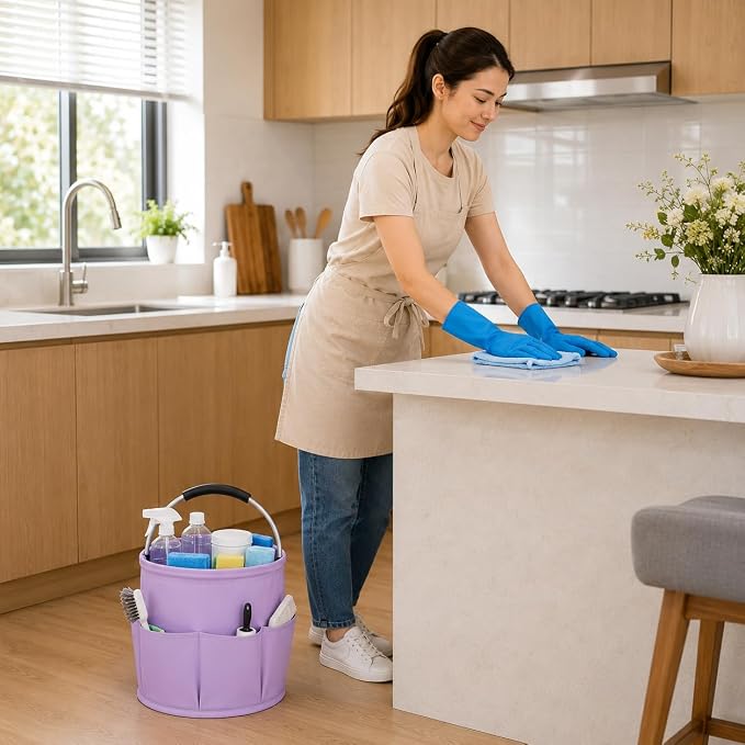 Cleaning Caddy with Handle, 17L Foldable Storage Basket, Heavy Duty 600D Oxford Cloth Organizer, Portable Supply Bag, Multi-Purpose Supplies Caddy for Home, Bathroom, Kitchen, Garden - Purple