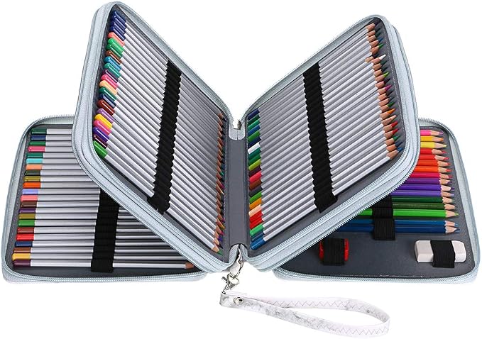 BTSKY Deluxe PU Leather Pencil Case For Colored Pencils - 120 Slot, White | Pencil Holder with Handle Strap Handy Colored Pencil Box Large for Artists, Adults Coloring, Sketching, Drawing