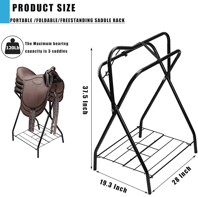 Saddle Rack Portable Folding Horse Saddle Stand for English and Western Saddles,28" L x 19" W x 37.5" H,Black