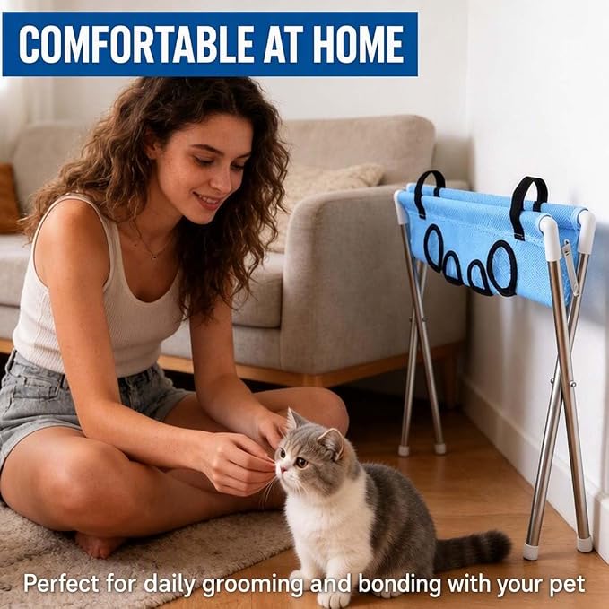 2-in-1 Foldable Pet Grooming Bed, Pet Bathing Stand, Portable Shower Station with Quick-Dry Mesh Sling, Home Nail Trimming Rack to Relieve Back Strain (D)