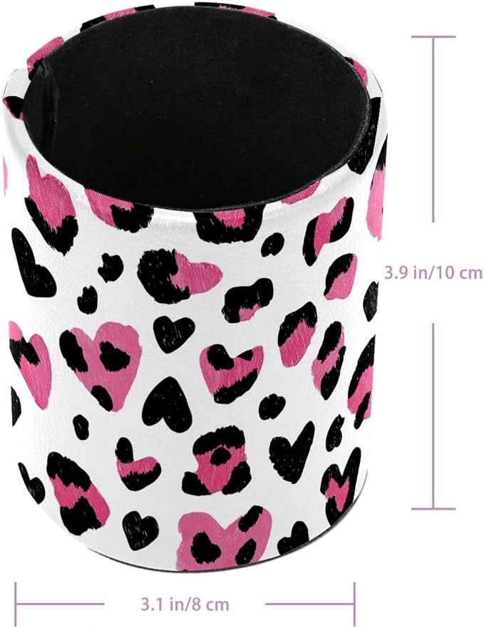 Faux Leather Pen Holder for Desk, Pencil Organizer Leopard Pen Cup Desk Decor Makeup Brush Holder Storage for Office Home