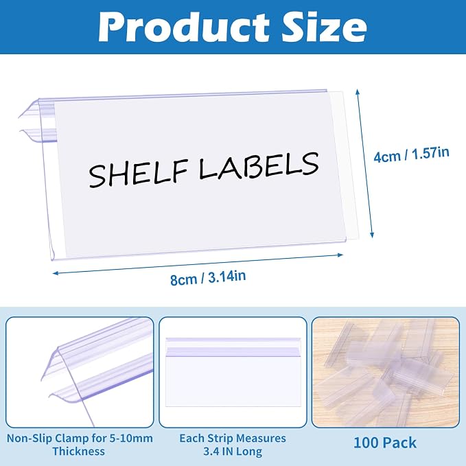 Meetory Shelf Label Holder,100PCS Reusable Plastic Wire Shelf Label Holder,Clear Shelf Tags for Wire Shelving for Shopping Mall，Retail Store with Insert Card