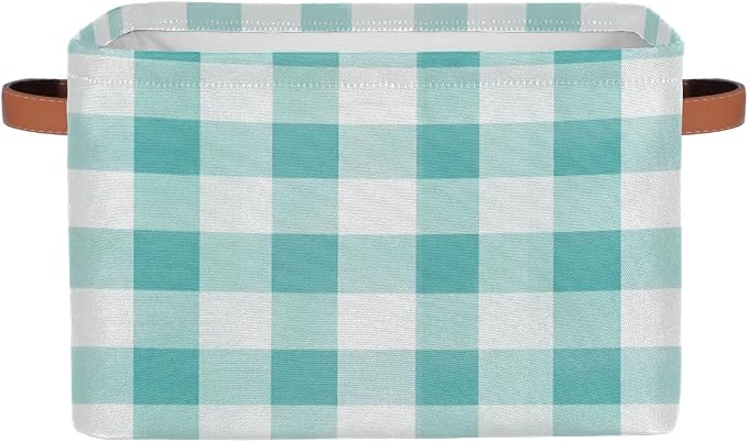 Teal Gingham Storage Boxes Theme Storage Nursery Baskets with Handle Closet Collapsible Organizer Shelf Bins for Book Cloth 15X11X9.5 IN