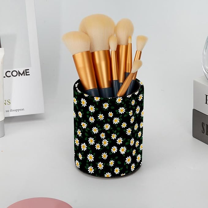 Faux Leather Pen Holder for Desk, Pencil Organizer Daisy Pen Cup Desk Decor Makeup Brush Holder Storage for Office Home