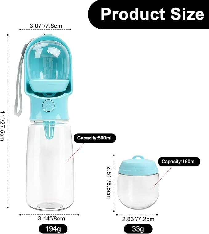 Blue Large Portable Dog Water Bottle with Food Container | Travel Dog Water Bowl(500ml),Food Container(180ml),Leak-Proof,2-in-1 Pet Essential Outdoor Supplies for Walks Hikes Campsites