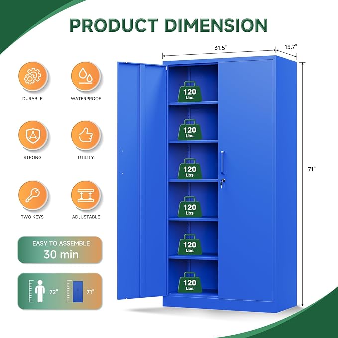 Metal Garage Storage Cabinets with Lock Door and Adjustable Shelves, Steel Tool Cabinets for Home,Office,Warehouse Organisieren (Blue)