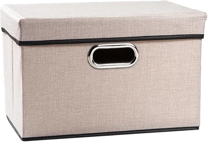 Foldable Storage Bin with Lid [1-Pack] Linen Fabric Decorative Storage Box Organizer Container Basket Cube with Handles Divider for Closet Office Living Room Light Grey(14.9x9.8x9.8)