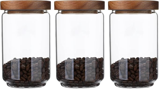 Glass Storage Jars with Wood Lids 25 Oz | Ktichen Food Containers Airtight Canisters for Coffee Beans/Sugar/Nuts